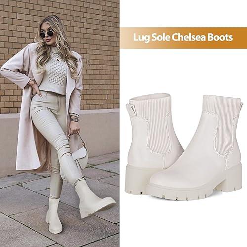 Athlefit Women's Chelsea Boots Fashion Slip on Platform Ankle Boots Lug Sole Chunky Booties
